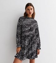 New Look Black Abstract Print High Neck Long Sleeve Ruffle Cuff Mini Dress